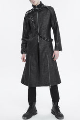 Manteau gothique long pour homme noir avec col montant, sangle et fente à l'ourlet